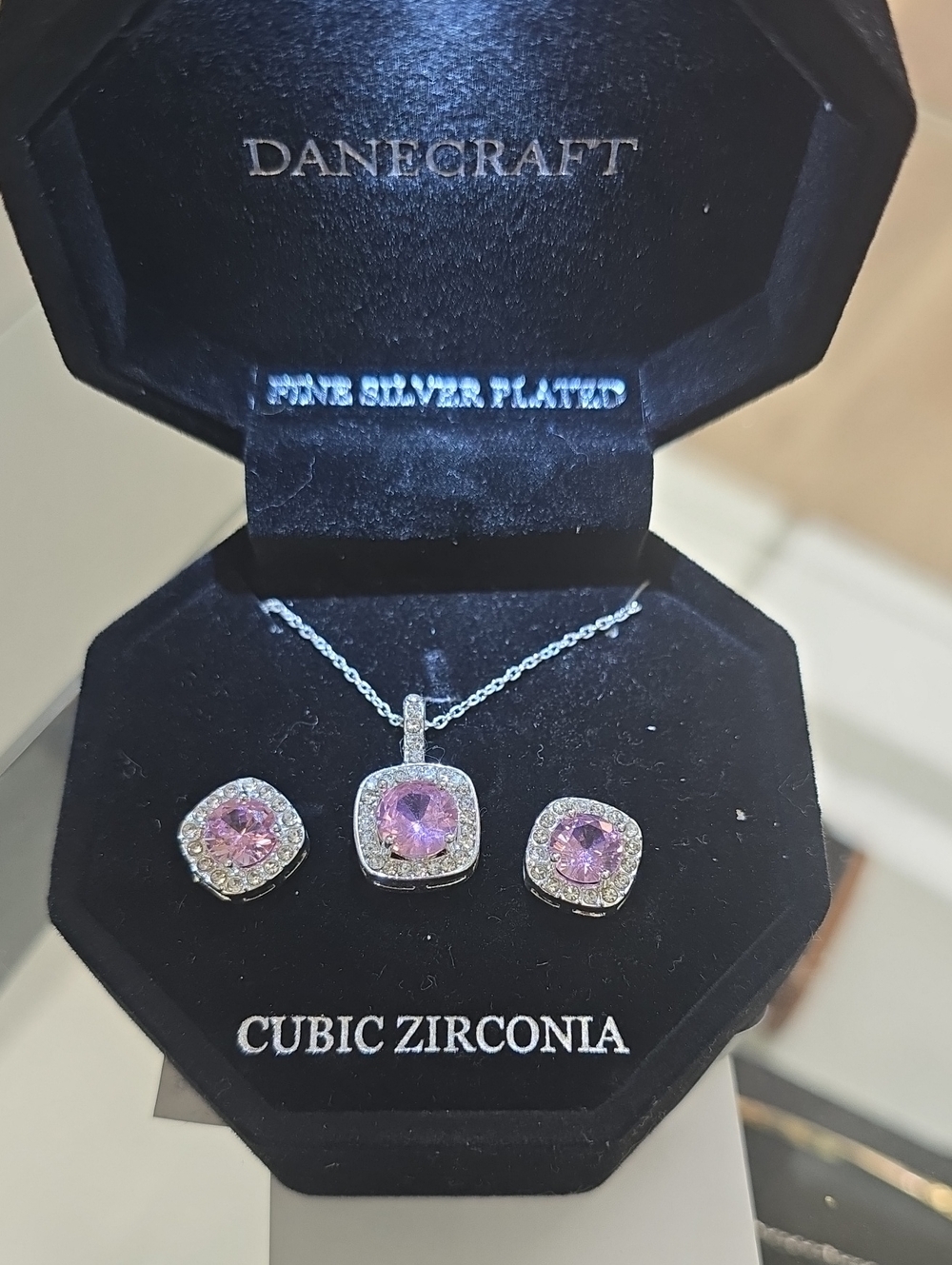 Danecraft Pink Cubic Zirconia Pendant & Stud Earring Set - Silver Plated - NWT
